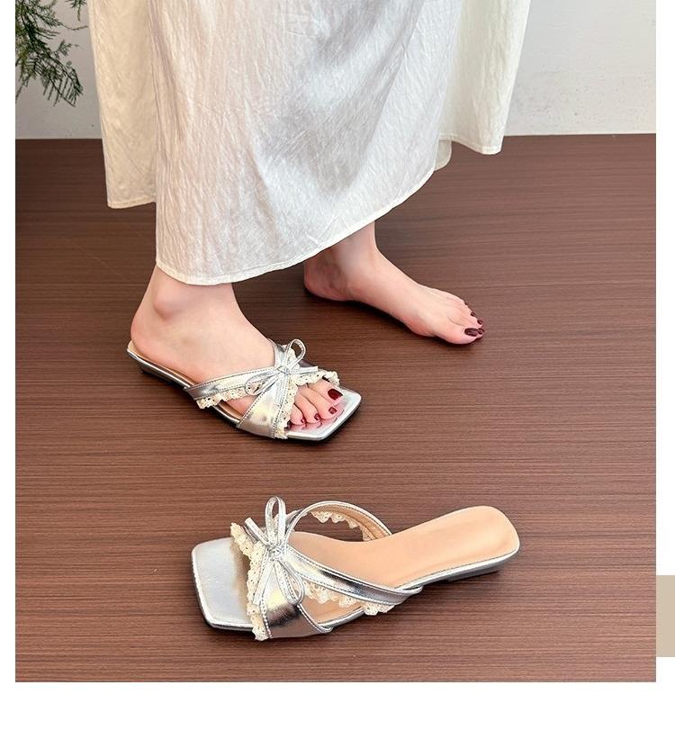 2026 New Designer Summer Butterfly-knot Lace Women Slippers Casual Thick Low Heel Dress Street Style Slides
