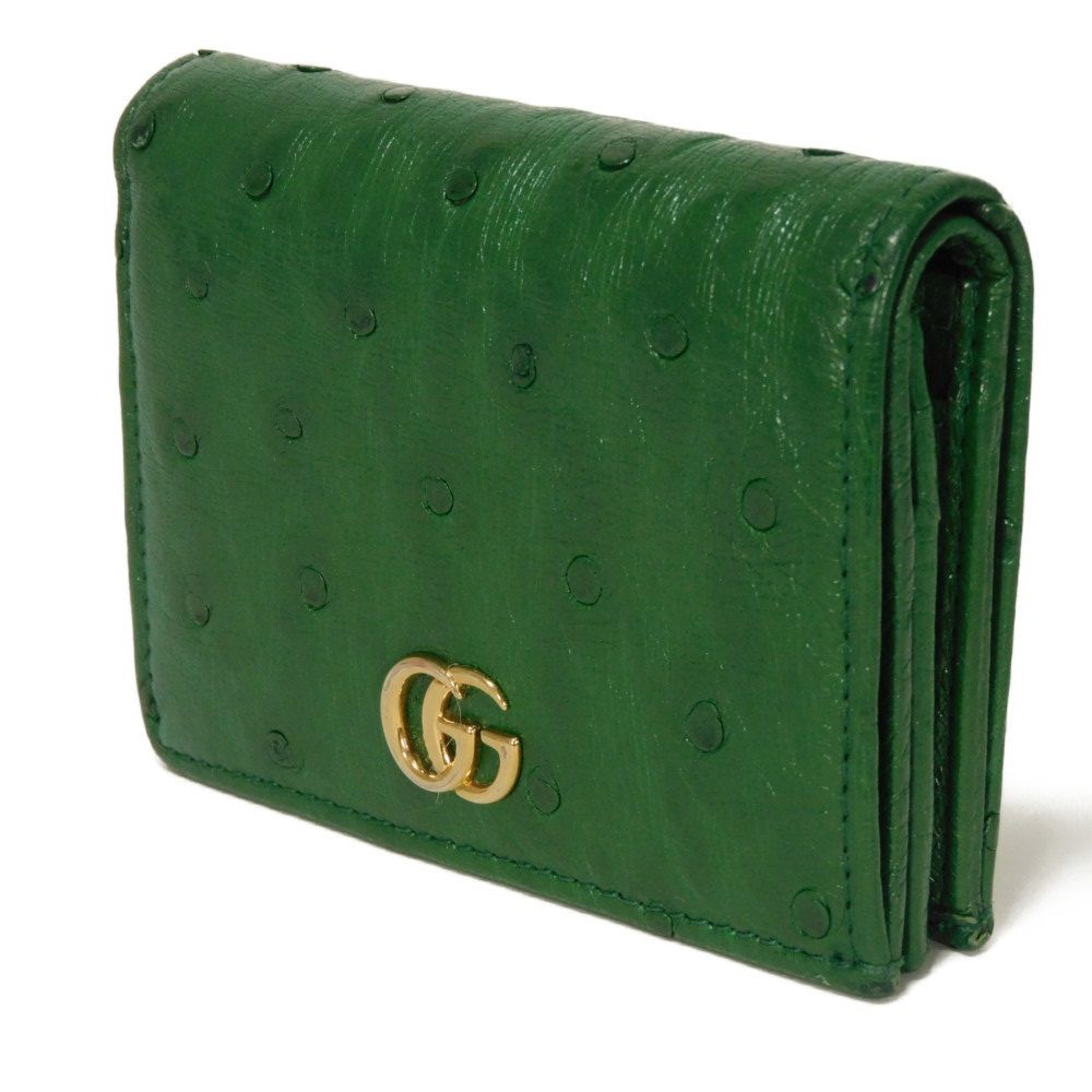 Used Double G Exotic Compact Wallet 9539 456126 7941 Petit Marmont GG Marmont Ostrich Green Unisex from Japan AUTHENTIC