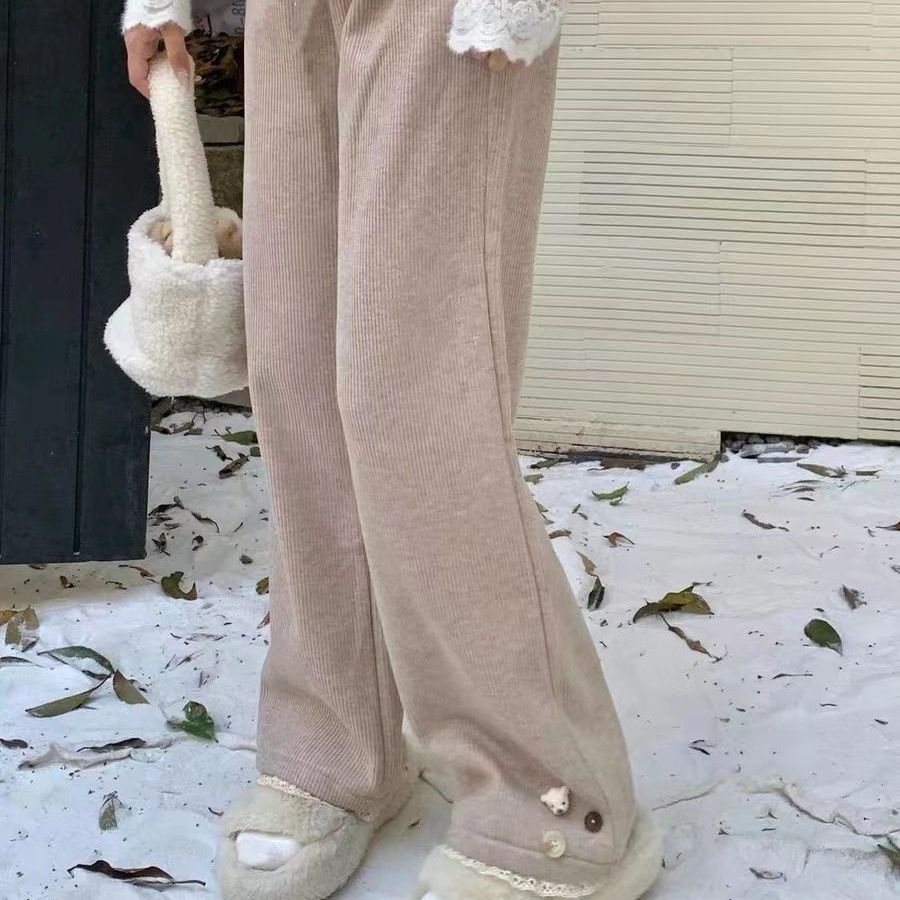 Women's Cotton Cute Straight Pants Fall and Winter High Waist Casual Trousers Street Drawstring Straight Pants