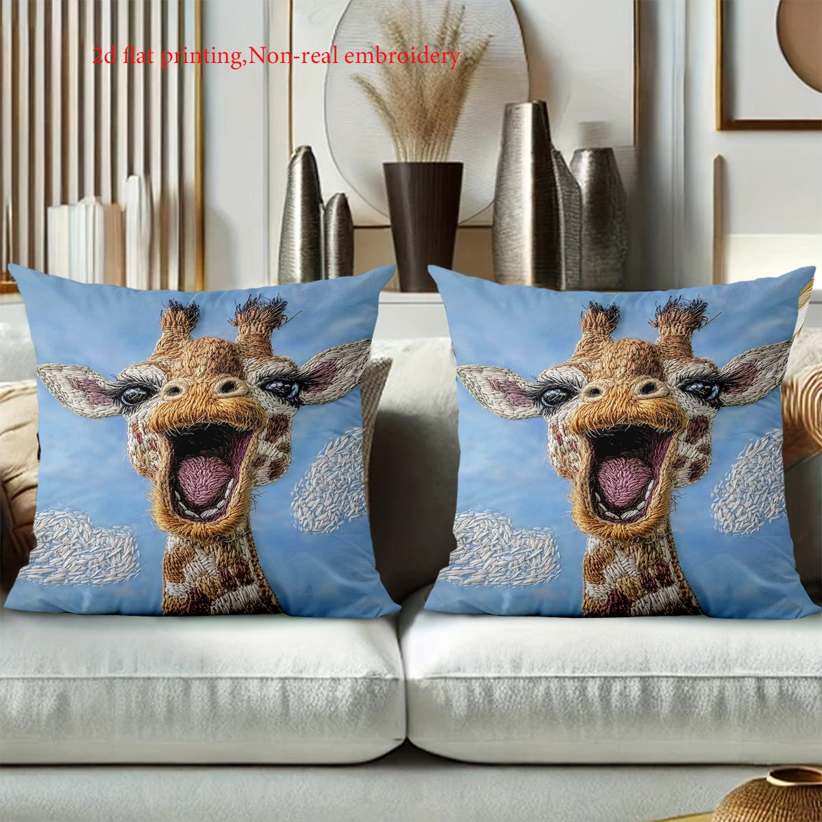 Panika Chen Unisex Blue 2D Flat Printing Cute Giraffe Pattern Cushion Pillow Decor Polyester Pillowcase Sofa Decorative Cushion Cover