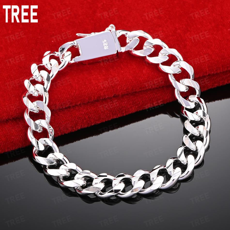 925 Sterling Silver 10mm Interlocking Side Chain Bracelet Gift Jewelry 20CM