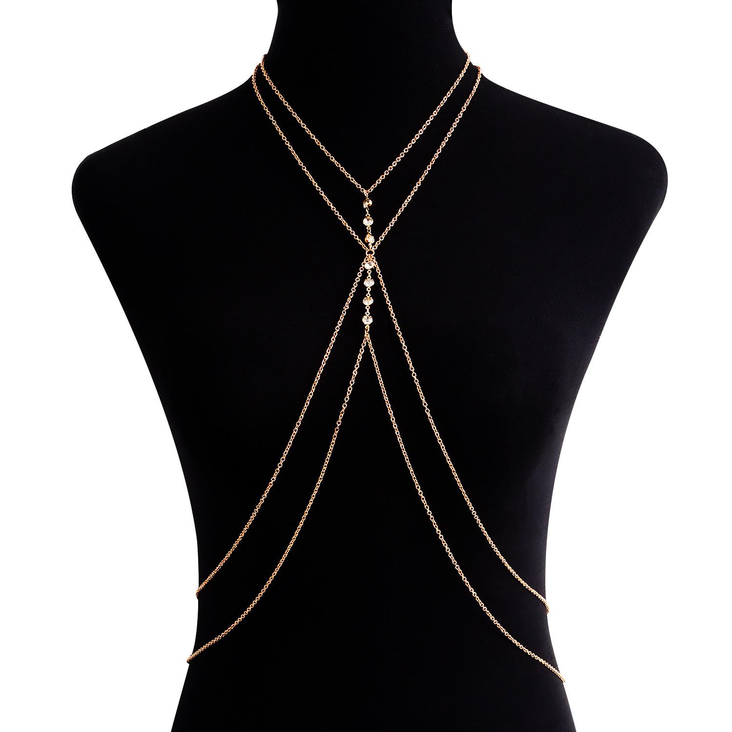 

Spice Girl Nightclub Double Zircon Diamond Bikini Body Chain, Sexy Street Metal Breast Chain золотой