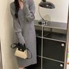 Autumn and Winter Lazy Style Thin V-neck Pullover Sweater Loose Casual Temperament Solid Color Long-sleeved Knitted Dress