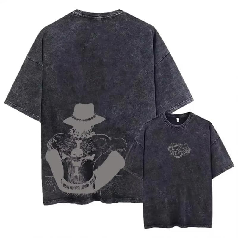 Retro Loose Men S Short Sleeve Japanese Clothing Printed T-Shirt Street Washed Nautical King Anime Crew Neck M