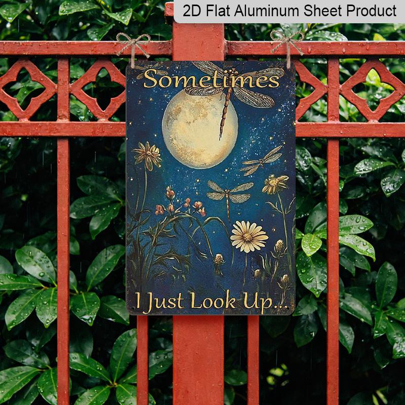 2D Flat Vintage Aluminum Dragonfly Moonlight Metal Sign - 8x12 Inches Aluminum Wall Art with Dandelion & Starry Sky Design, Indoor/Outdoor Hanging