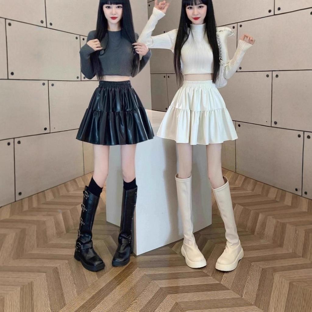 Women's High Waist A-Line PU Leather Skirt Solid Color Pleated Mini Skirt Pencil Skirt