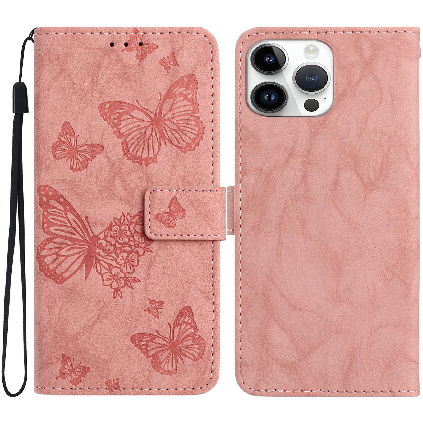 For iPhone 16 Pro Leather Case Butterfly Flower Imprinted Wallet Stand Flip Phone Cover with Wrist Strap
