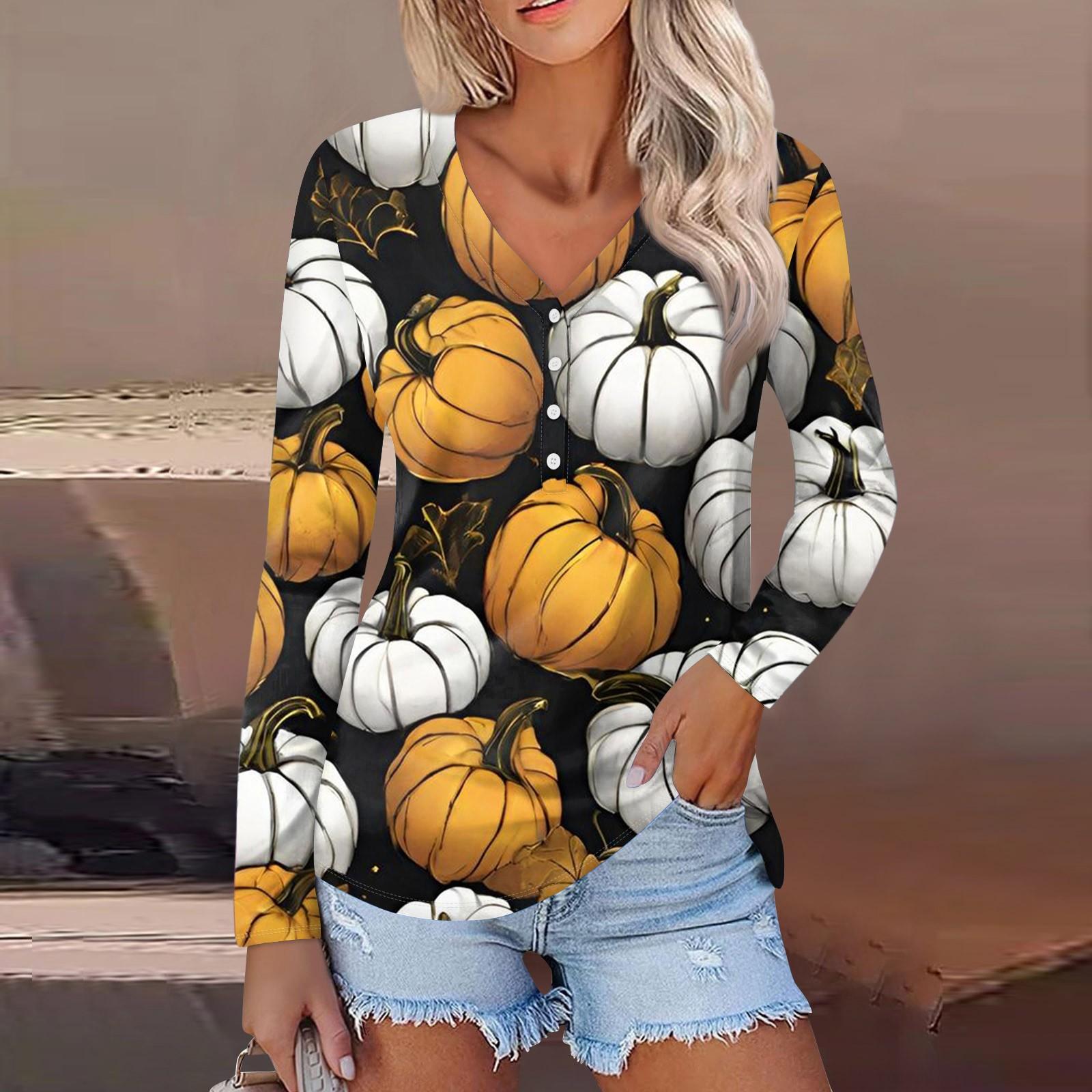 

Женская модная повседневная блузка с длинными рукавами и принтом в стиле Хэллоуин с V-образным вырезом на пуговицах XXXL жёлтый
