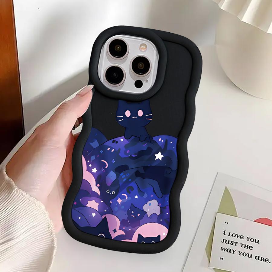 Soft Phone Cover Case for iPhone 15 Plus 13 11 14 XR 16 Pro Max 17 Air 8 12 Black Cat Starry Night