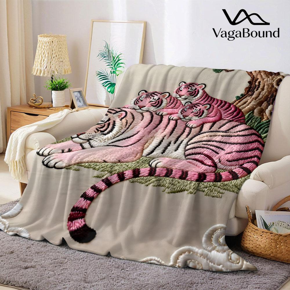 Embroidery Pink Tiger Printed Blanket Suitable for Sofas Beds Offices Travel Camping Chairs Warm Plush Blanket