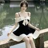 2026 new bow splicing design temperament elegant dress skirt one-word shoulder suspender contrasting color dress