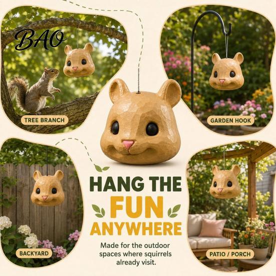Cute Animal Garden Statue Outdoor Squirrel Feeder with Creative Simulated Head Design Durable 3D Printed Hanging Wildlife Feeding Station for