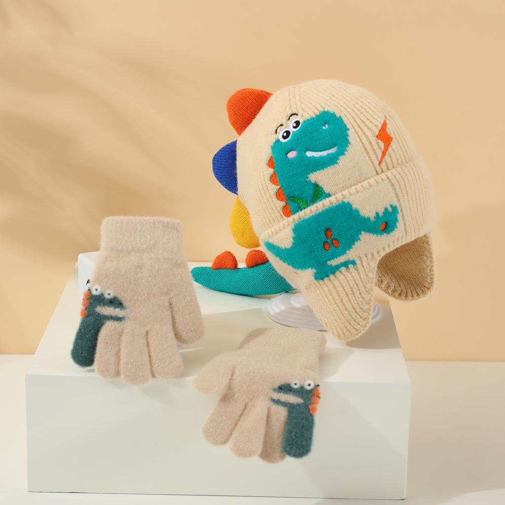 2pcs Youngsters's Hat and Glove Set Autumn Winter Thickened Warm Cute Dinosaur Knitted Beanie Windproof Protection Cap Suitable