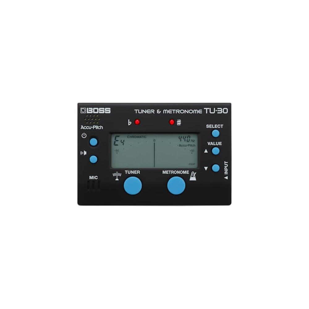 

BOSS TU-30 Хроматичний тюнер і метроном з вбудованим мікрофоном/входом для гітари, баса та акустичних інструментів, живлення від батарейок AAA, функція еталонного тону