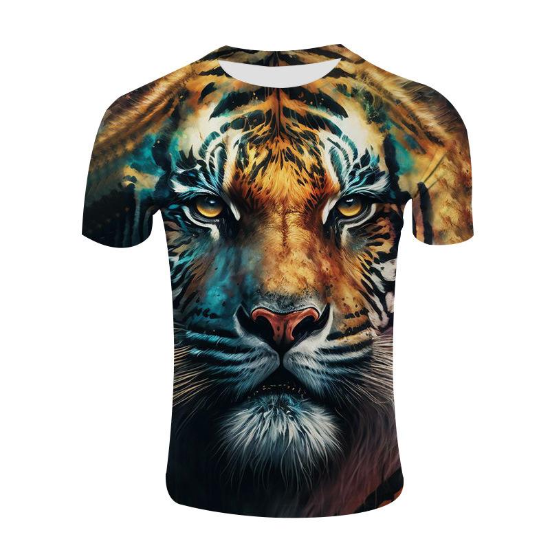 Casual 3D Tiger Head Printed Round Neck T-shirt Mesh Short Sleeve T-shirts