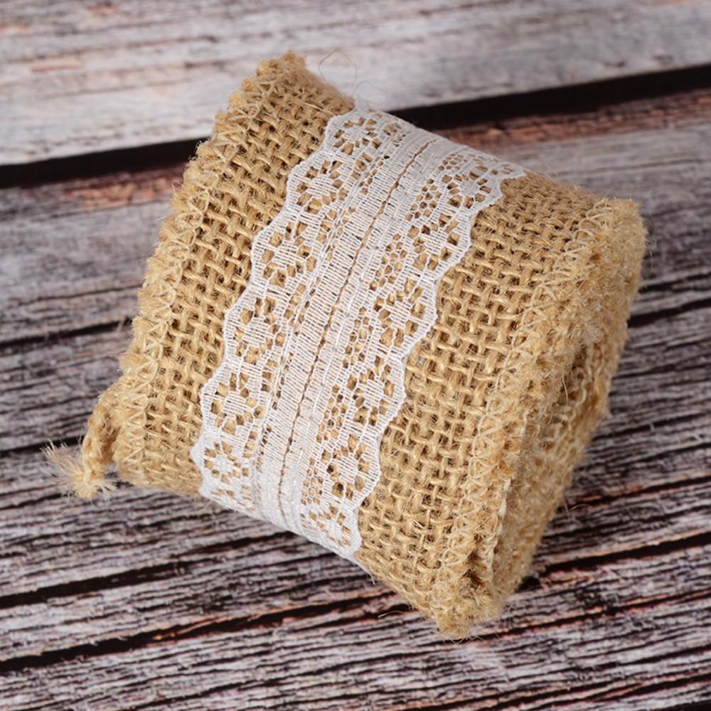 1 Rol 2M×5cm Natuurlijk Jute Linnen Lint, Rustiek Vintage Linnen Kantrand voor Bruiloftsdecoratie, Kerstfeest & Knutselbenodigdheden