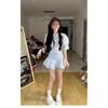 Blue striped shirt dress women's spring new lapel mid-sleeved waist shirt ruffle pleated skirt