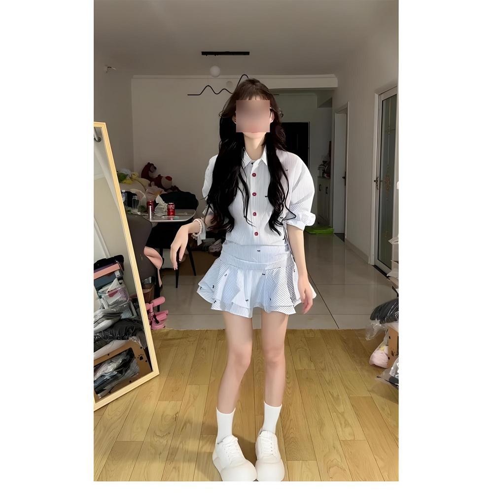 Blue striped shirt dress women's spring new lapel mid-sleeved waist shirt ruffle pleated skirt