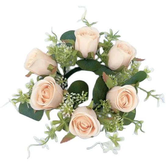 Artificial Rose Candle Ring Wreath Faux Silk Floral Wedding Centerpiece Rustic Fake Rose Candle Holder for Christmas Home Table Decor