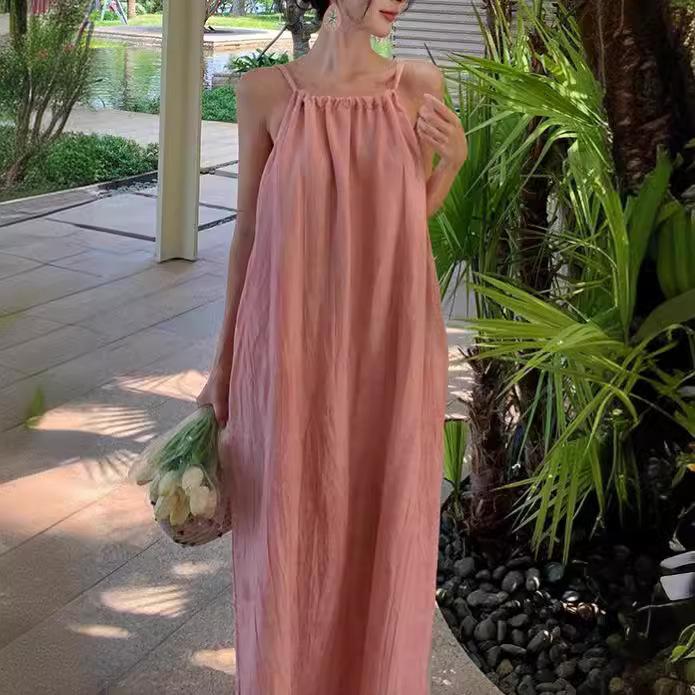 Seaside Vacation Casual Pink Suspender Dress Outfit for Women In Summer New Loose Slim Big Sling Skirt Beach Skirt