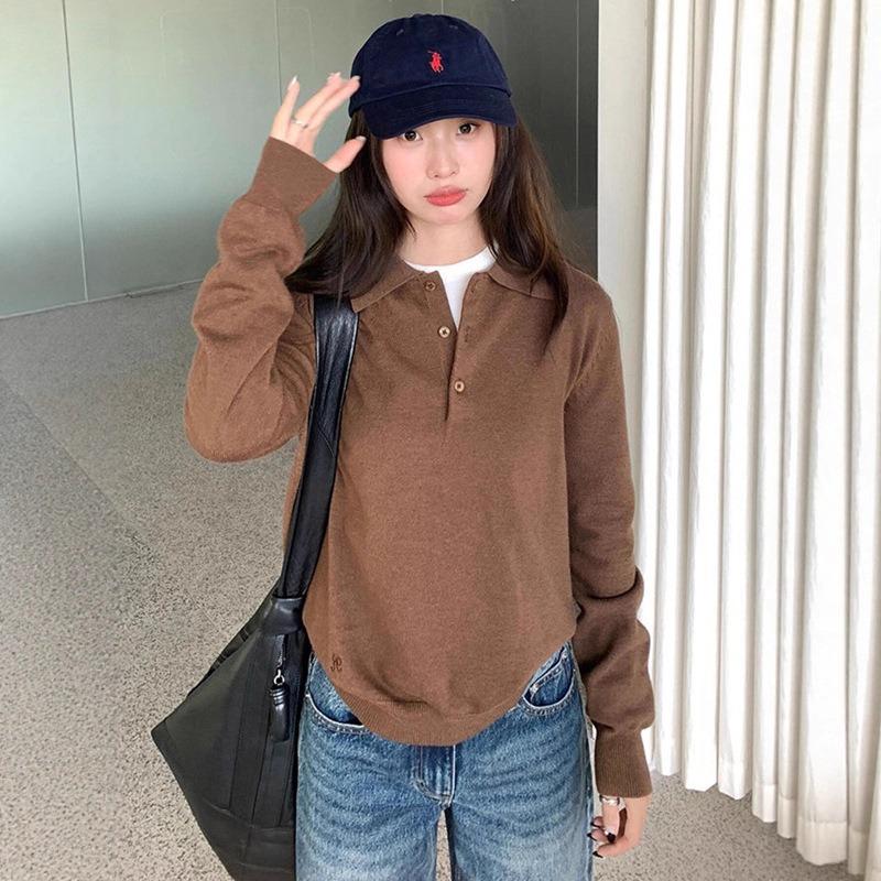College style gray Plo neck sweater women's season new design sense loose wear knitted sweater top