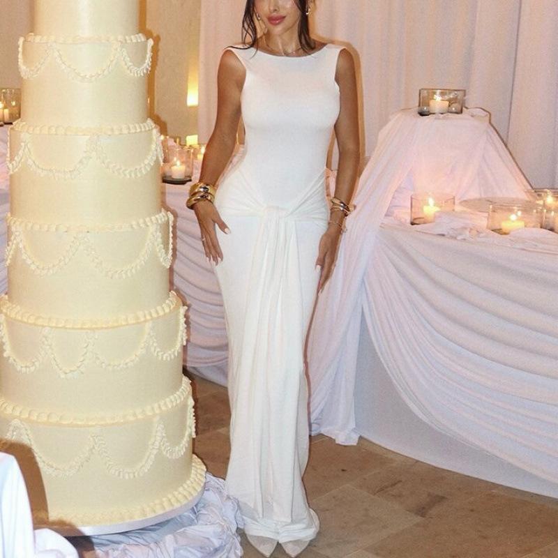European and American Style Autumn Dress Solid Color Slim-fitting Streamer Backless Sexy Temperament Hip-wrapped Long Women's Dress