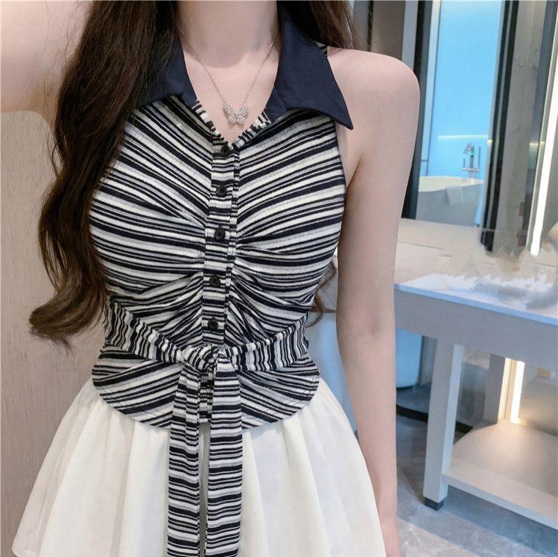 College Style Polo Collar with Chest Pad, Striped Neck Vest, Spring and Summer Waist Strap, Sleeveless Tube Top