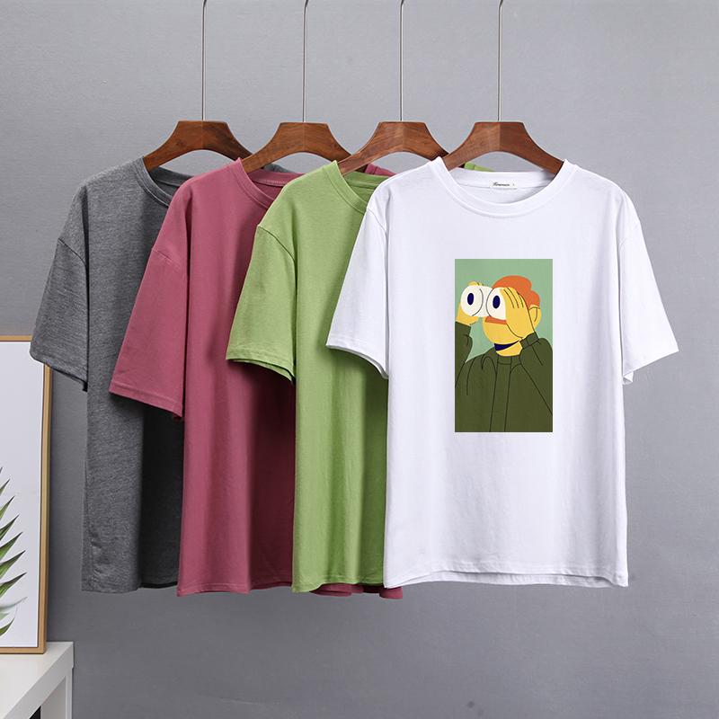 Hirsionsan Nya roliga tecknade T-shirts Kvinnor Kawaii Casual Oversized Tees Par Mjuk bomull O-hals Kvinnliga Grafiska Toppar