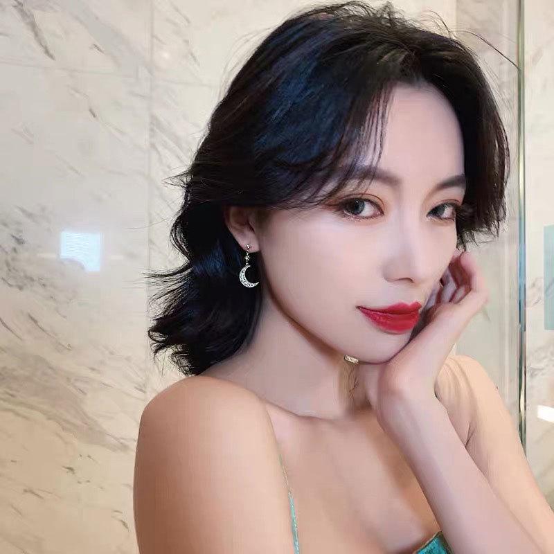 Korean S925 Silver Star & Crescent Asymmetrical Earrings