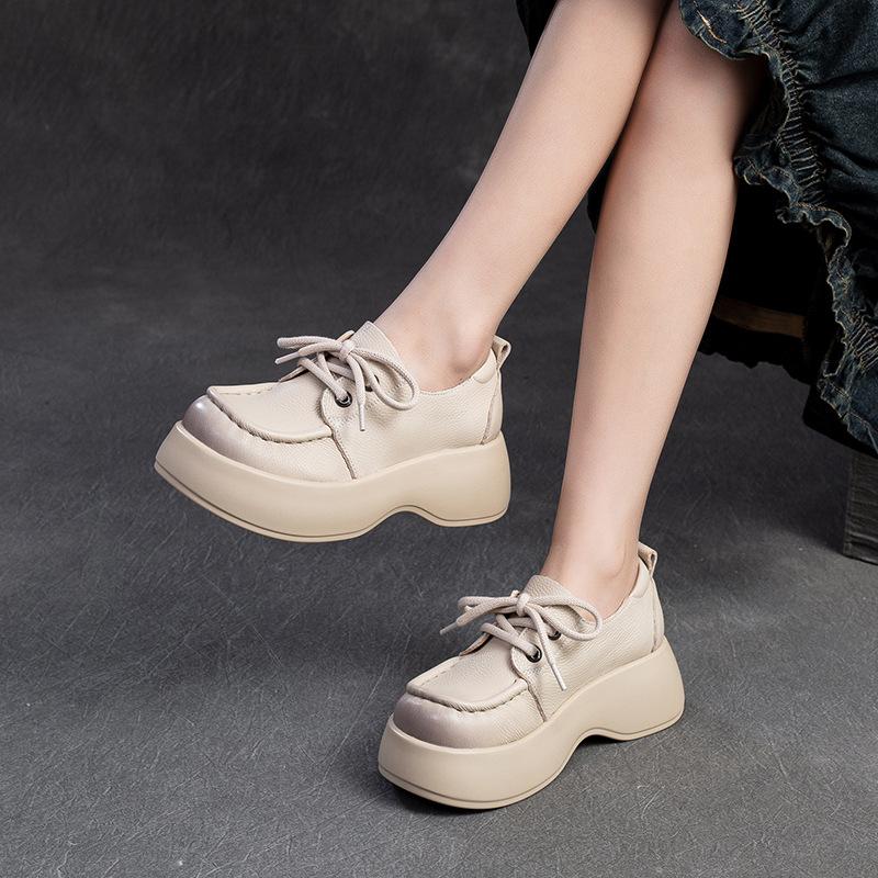 Fashion GKTINOO 2024 Autumn New Genuine Leather Solid Color Casual Thick Sole Shoes Lace Up Versatile Women's Flat Platform Shoes