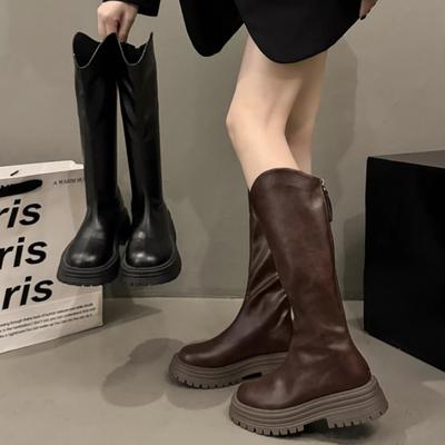 Fashion Vintage Round Toe Knee High Boots Women Designer Back Zipper Square Heels Shoes Ladies Knight Booties