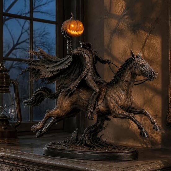 Estatua del Jinete sin Cabeza de Halloween con Luz de Calabaza LED, Decoración de Fantasma Iluminada de Resina, Figura de Caballero, Escultura de Terror para Decoración de Mesa del Hogar
