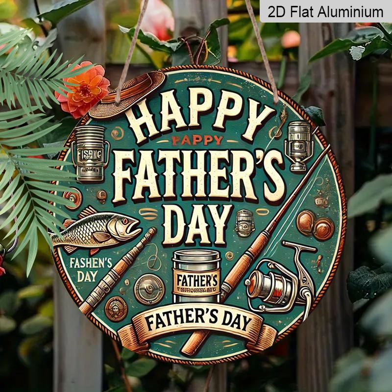 2D Flat, 1pc Vintage Aluminum Father'S Day Wall Sign | Circular Fishing Theme Rustic Decor with "Happy Father'S Day" Message, Wall Hanging, Reusable