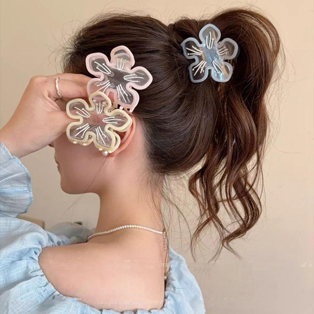 Cherry Blossom Acetic Acid Flower Shark Clip Rhinestone Transparent Hair Clip  Travel