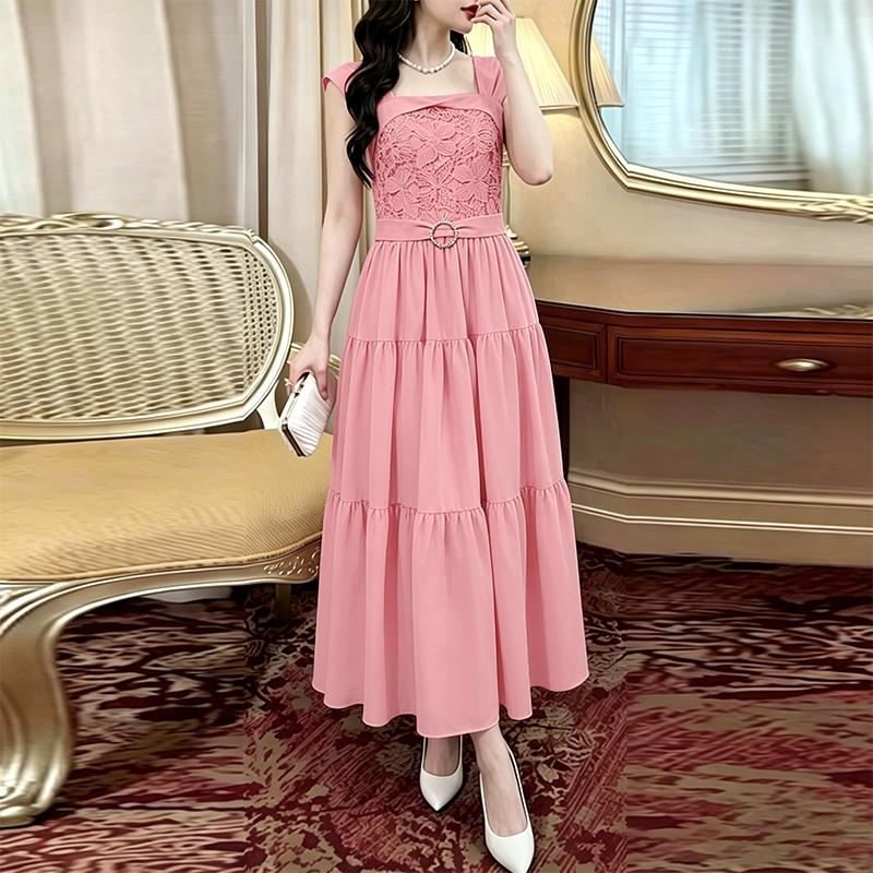 ZANZEA Women Elegant Lace Crochet Patchwork Round Neck Casual Sleeveless Dress M розовый
