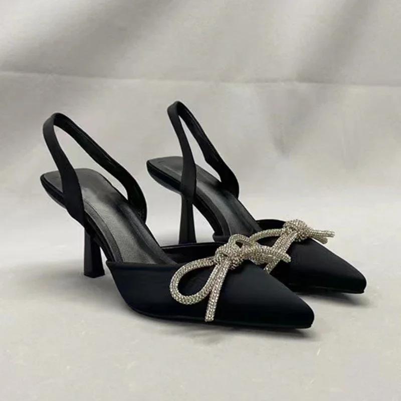 

Fashion Women Blue Slingback Pumps High Heels Crystal Bowknot Party Dress Shoes Woman Sexy Pointed Toe Stiletto Heel Sandals Summer 2025 43 чёрный