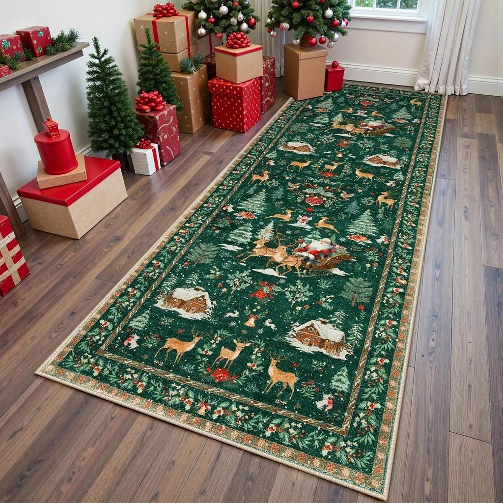 Christmas Runner Rug Non-Slip Winter Holiday Festive Floor Mat Soft Christmas Tree Santa Claus Carpet for Indoor Bedroom Dining