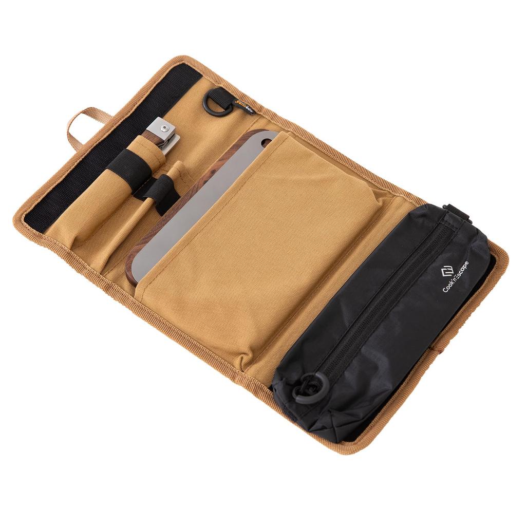 Cutting Board 5 Piece Storage Case Cutlery Cutting Board Folding Knife for Camping COOK'N'ESCAPE Set, Set, & Bag, Walnut/Titanium &