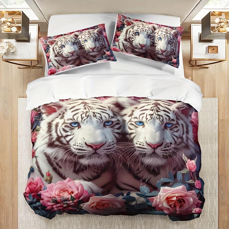 Couple Pink Tiger Rose Comfortable Quilt Cover Set 1 Comfortable Quilt Cover+2 Pilowcases Home Four Seasons Dormitory High-Definition Printing
