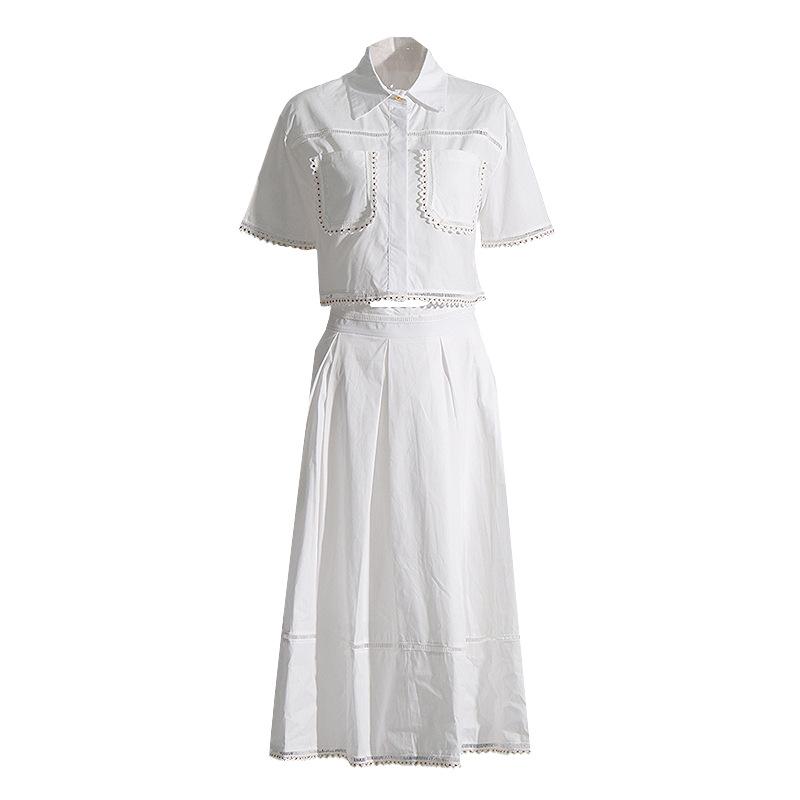 2025 Chic Two-Piece Set: Embroidered Stand-Up Collar Blouse & Long Skirt