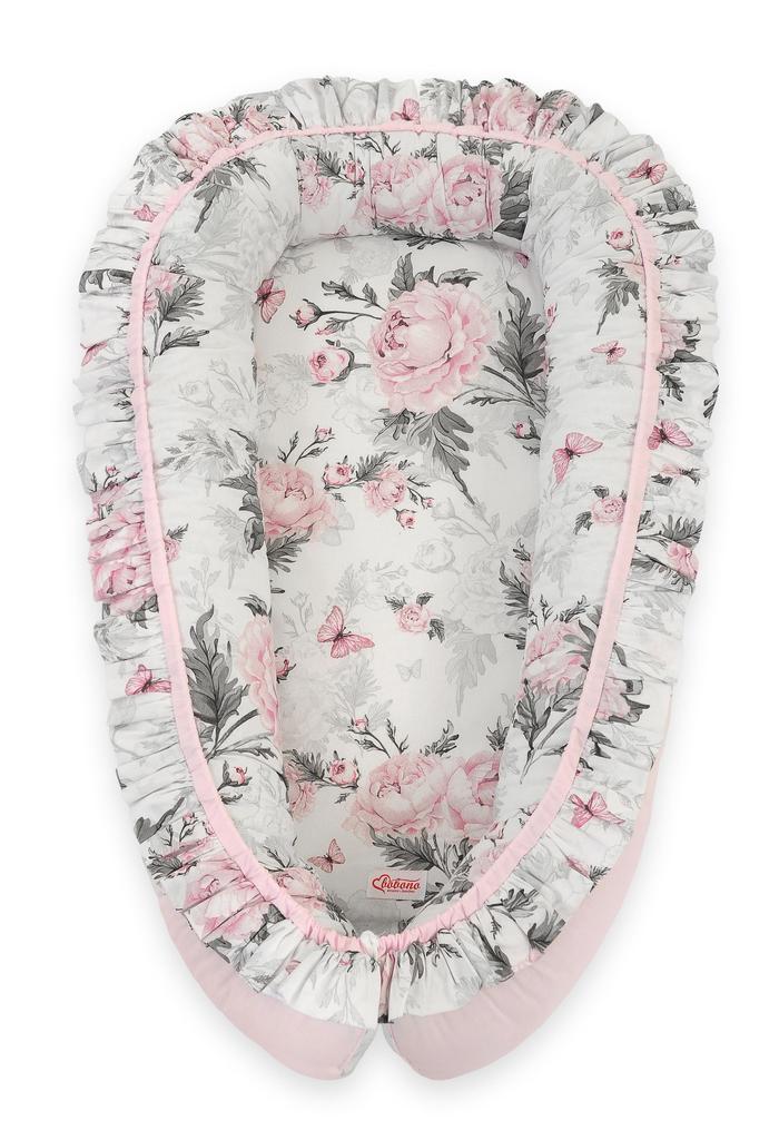 Premium baby cocoon playpen swaddle with ruffles - Romantic peonies