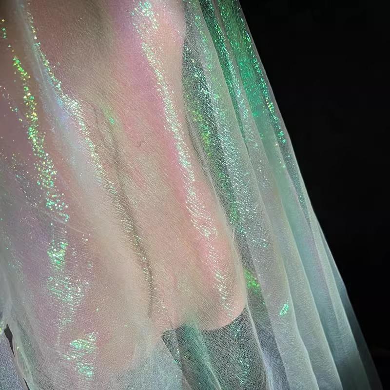 

100/300/500cm Blue Mermaid Rainbow Elastic Laser Pleats Gradient Illusion Organza Dress DIY Fabric Designer Fabric 100x105cm