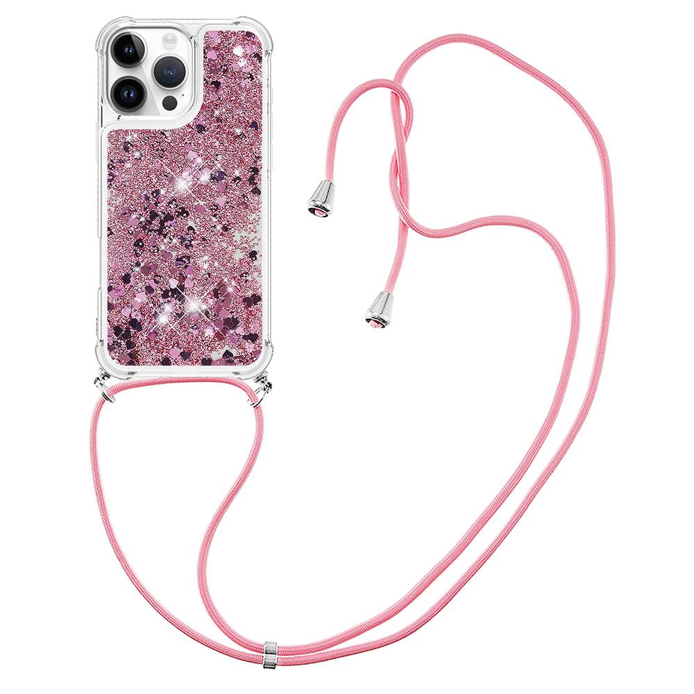 

For iPhone 16 Pro Max TPU Case Quicksand Design Phone Cover with Lanyard Rose Gold/Hearts