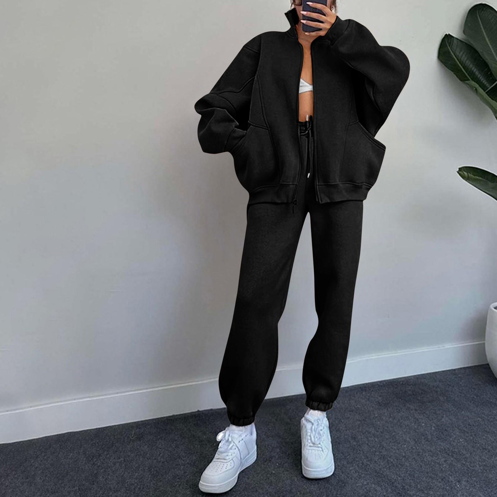 

Женская мода однотонная толстовка с воротником-стойкой, длинными рукавами, карманами, молнией, спортивные штаны на шнурке, повседневный костюм L чёрный