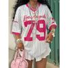2026 Verano Nuevo Los Ángeles 79 Camiseta Rayada con Estampado Para Mujer Cuello en V Manga Corta Deportiva Camiseta de Fútbol Y2K Holgada Oversized