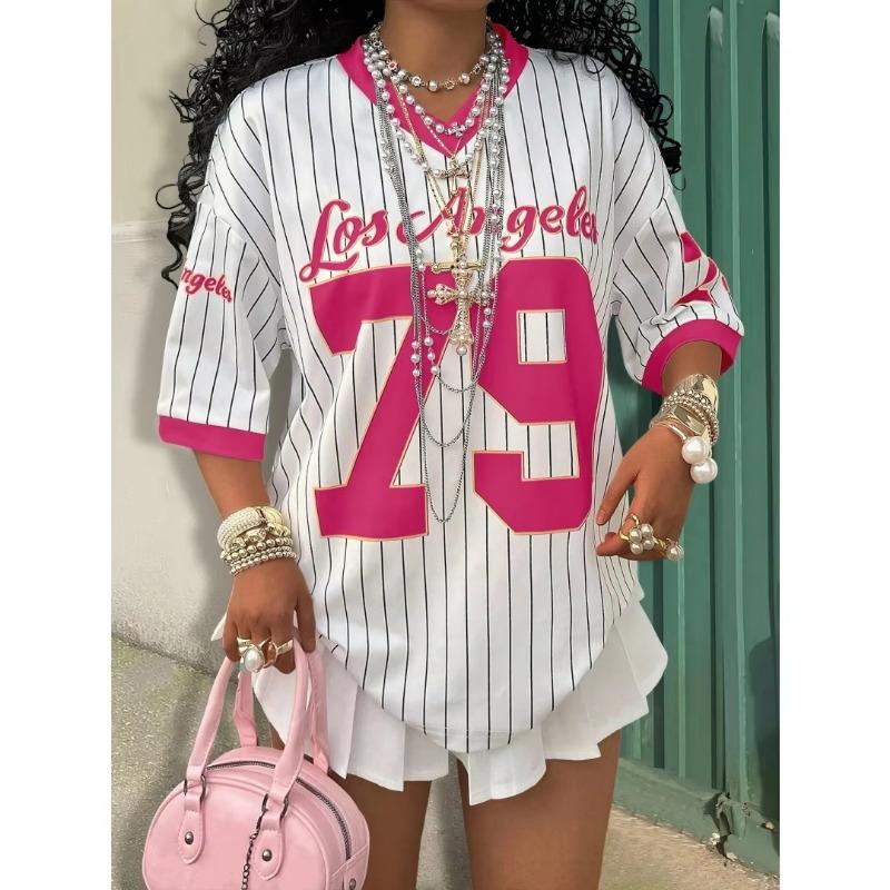2026 Verano Nuevo Los Ángeles 79 Camiseta Rayada con Estampado Para Mujer Cuello en V Manga Corta Deportiva Camiseta de Fútbol Y2K Holgada Oversized