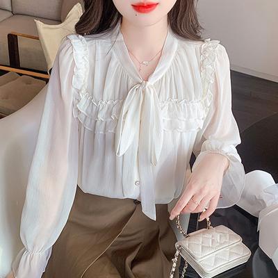 Mode Neu 2024 Herbst Langarm Lässig Rüschen Schnürung Schleifenkragen Chiffon Bluse Hemd Damen Oberteile Blusen Hemden J460