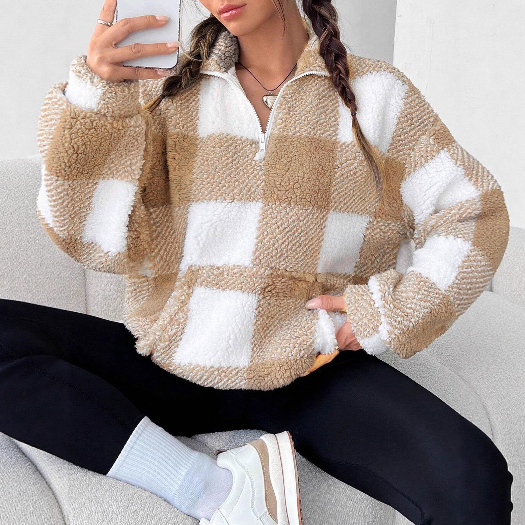 Женская повседневная толстовка с длинным рукавом в клетку из плюша 2025 для трансграничной торговли с карманами Plus Size XL 1930₽