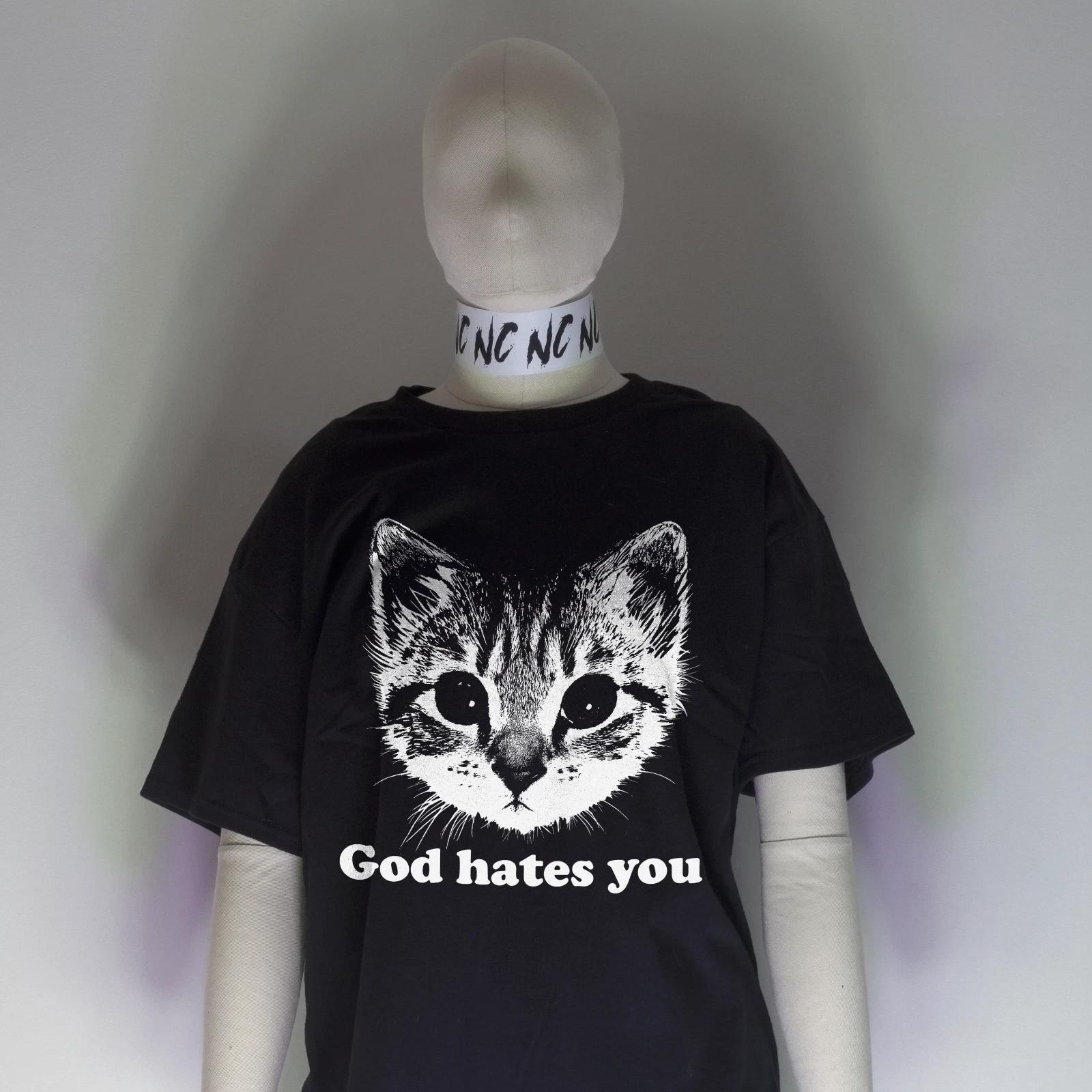 Night Channels God Hates You Shirt | Atheist Cute Cats Weird Kawaii Cult Surreal S