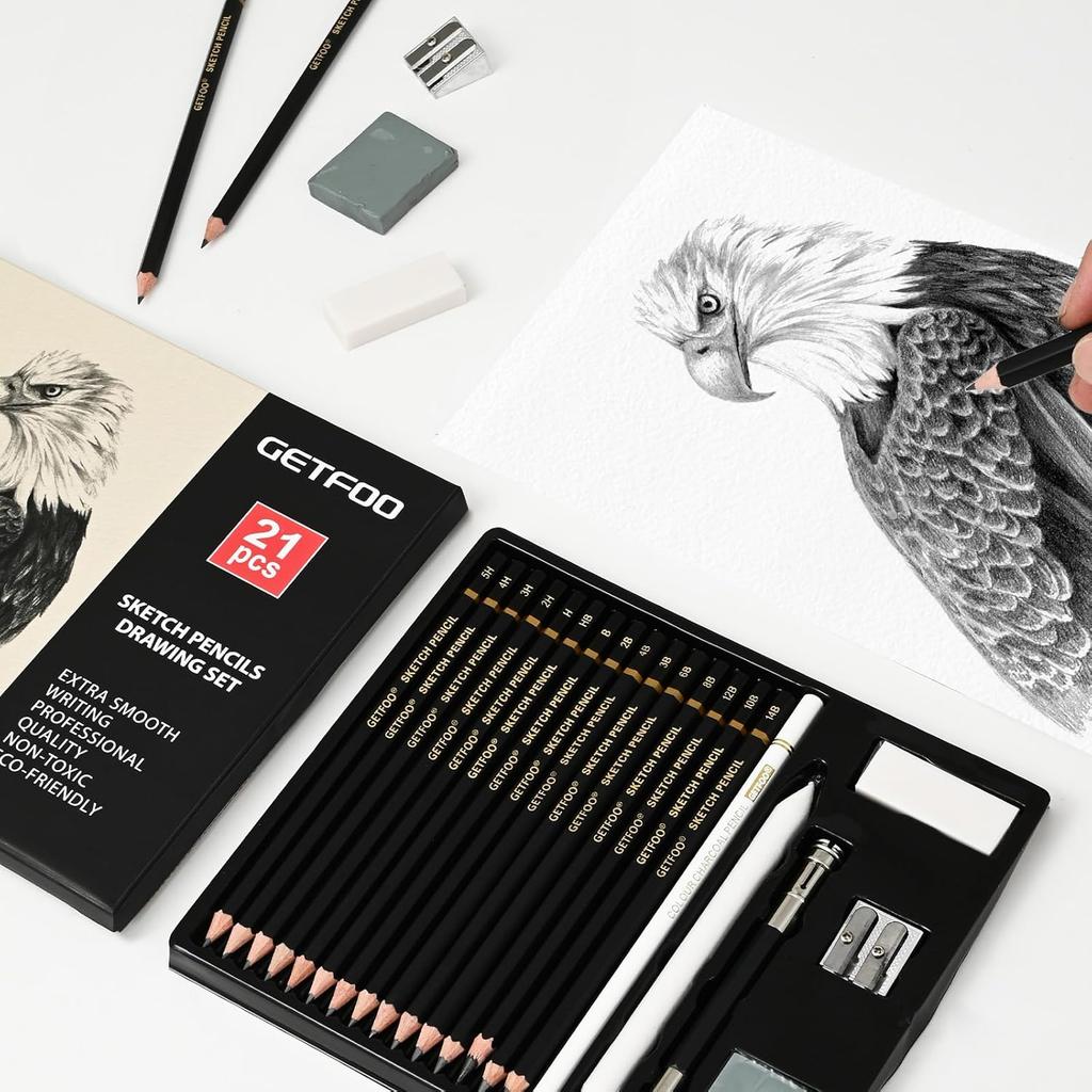 Drawing Sketching Pencil Set 21 Pack Art Pencil Kit with Graphite Pencils (14B-5H), Charcoal Pencil, Ideal for Shading, Blending, Drawing Set for